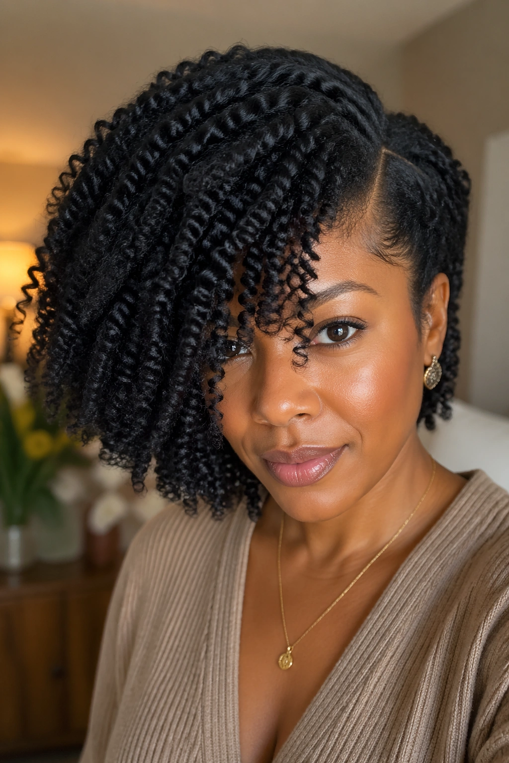 Close-up of a real person with a deep side-part twist-out.