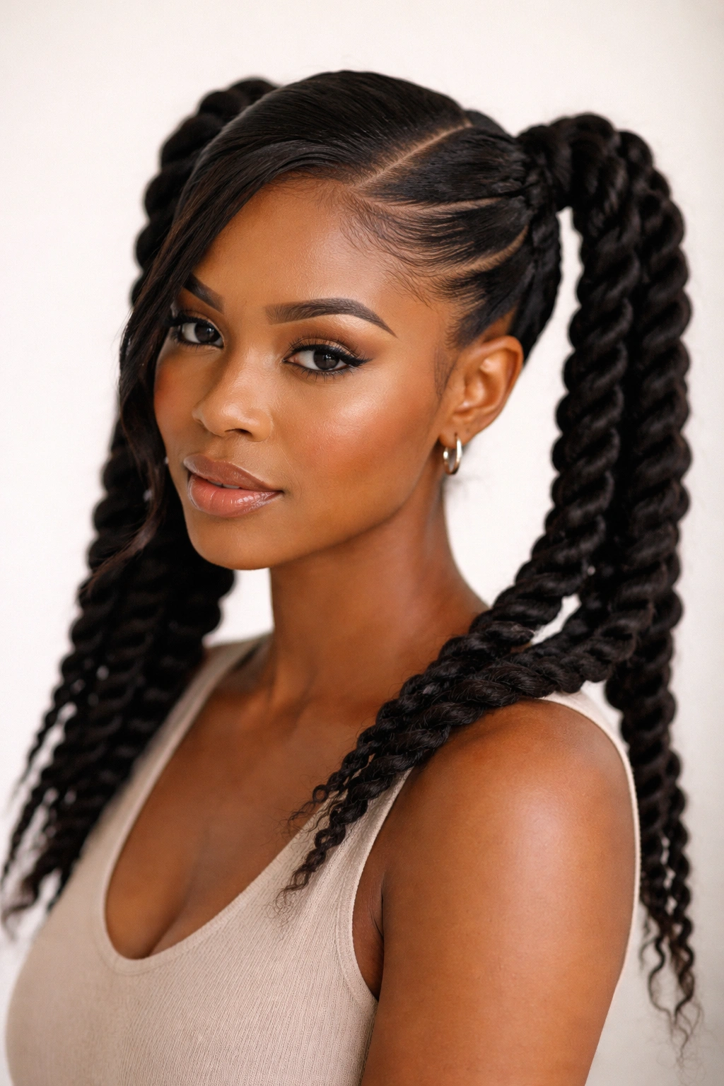 Side-part twist double ponytails forming a soft diagonal line along the head.