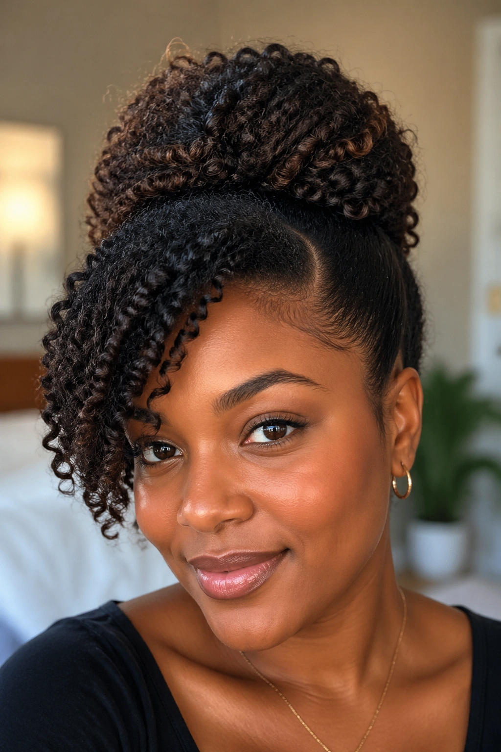 Close-up of a real person with a deep side part and updo