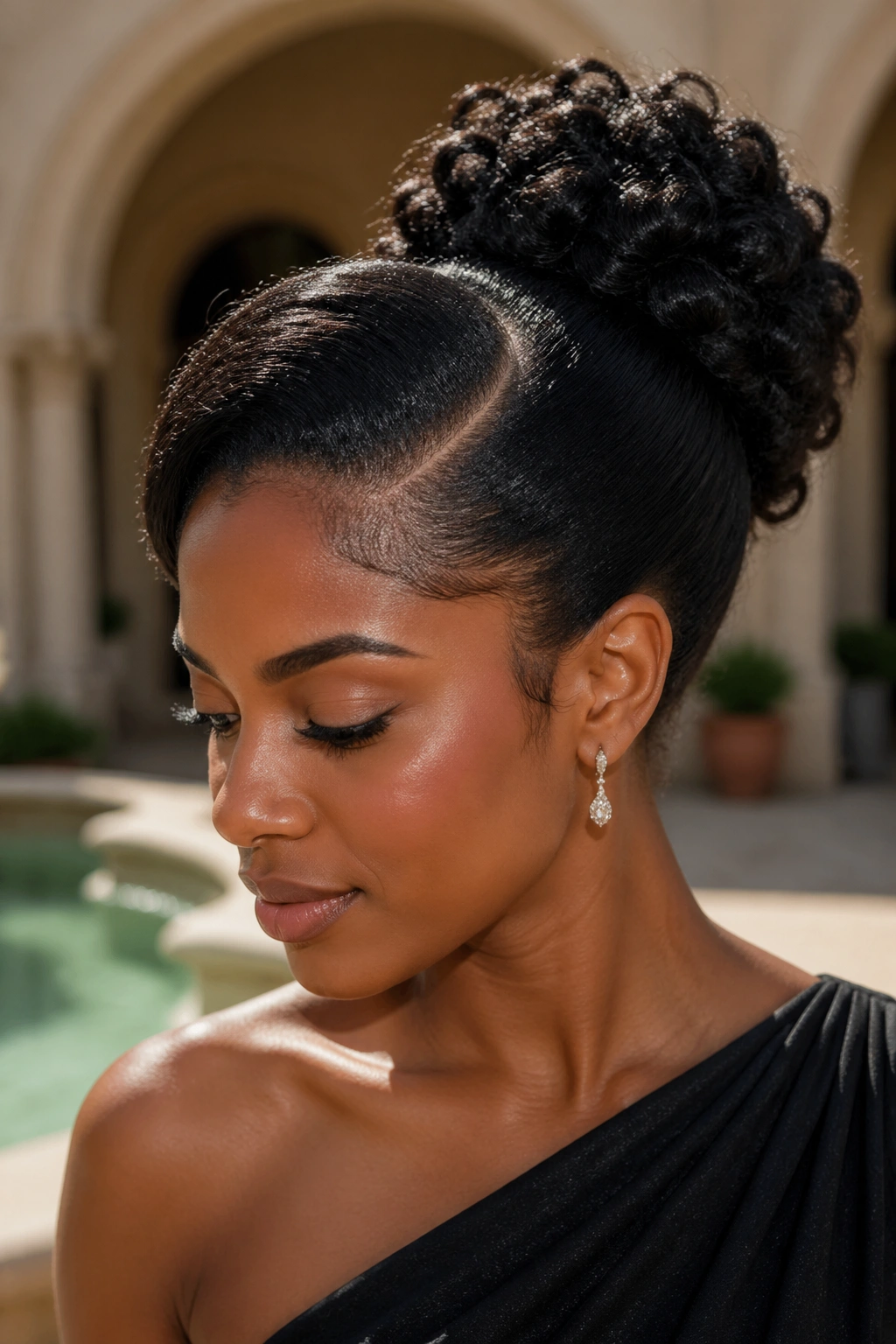 Real woman with a bold deep side-part updo in daylight