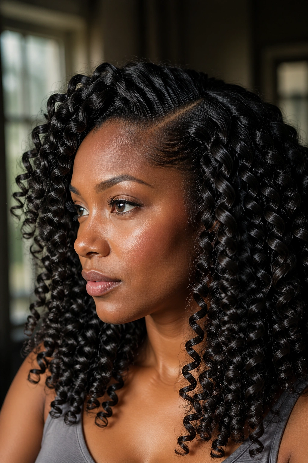 Portrait of a woman with side-parted wand curls