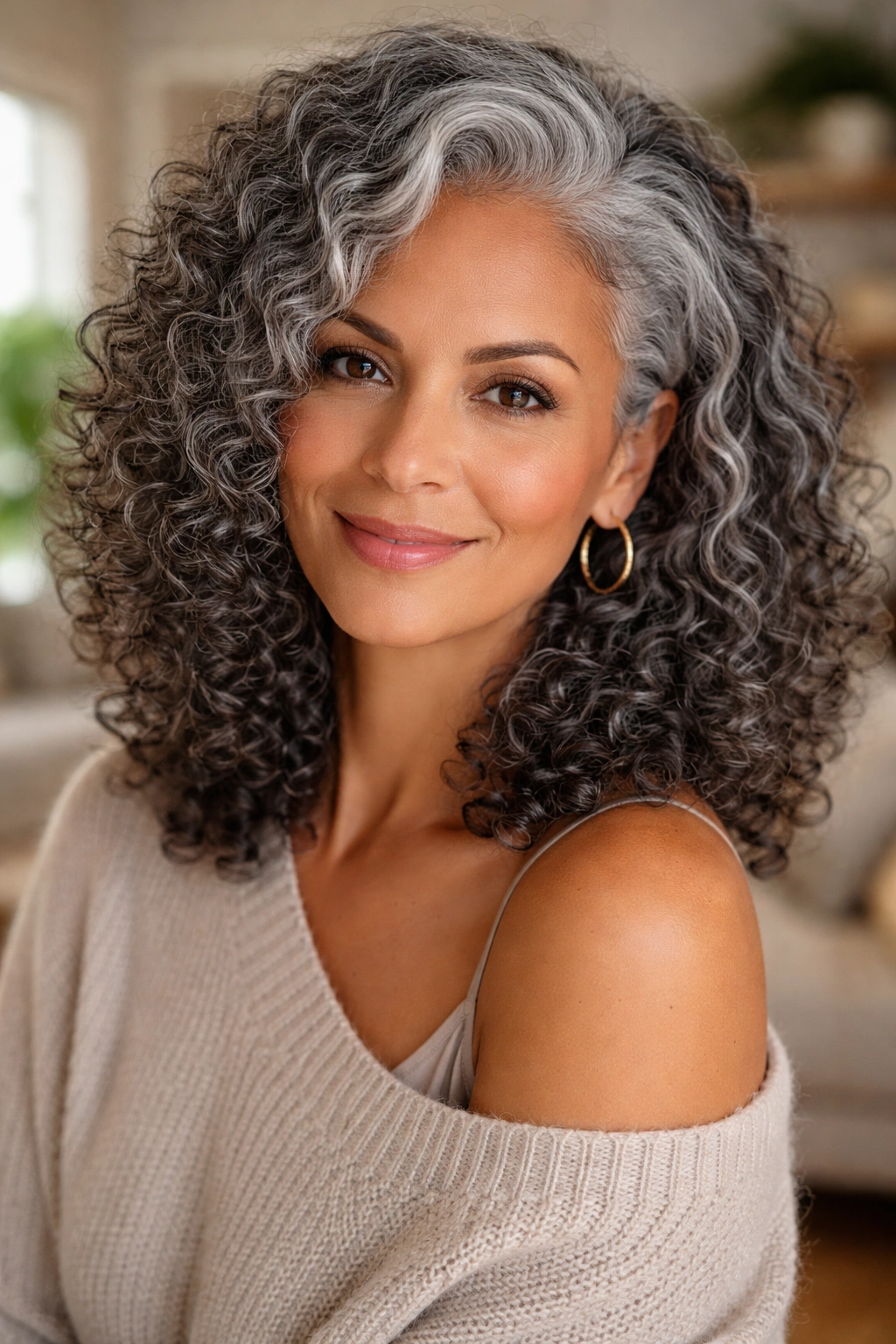 Close-up portrait of a real woman with a side-part grey wash-and-go