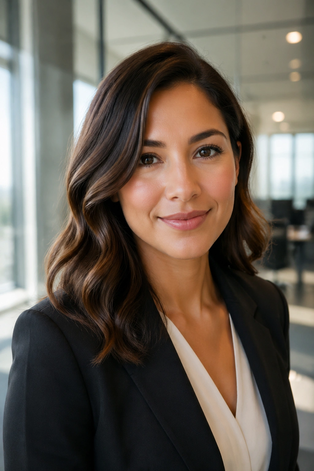 Close-up of a real woman with side-parted soft waves hugging the face in an office setting