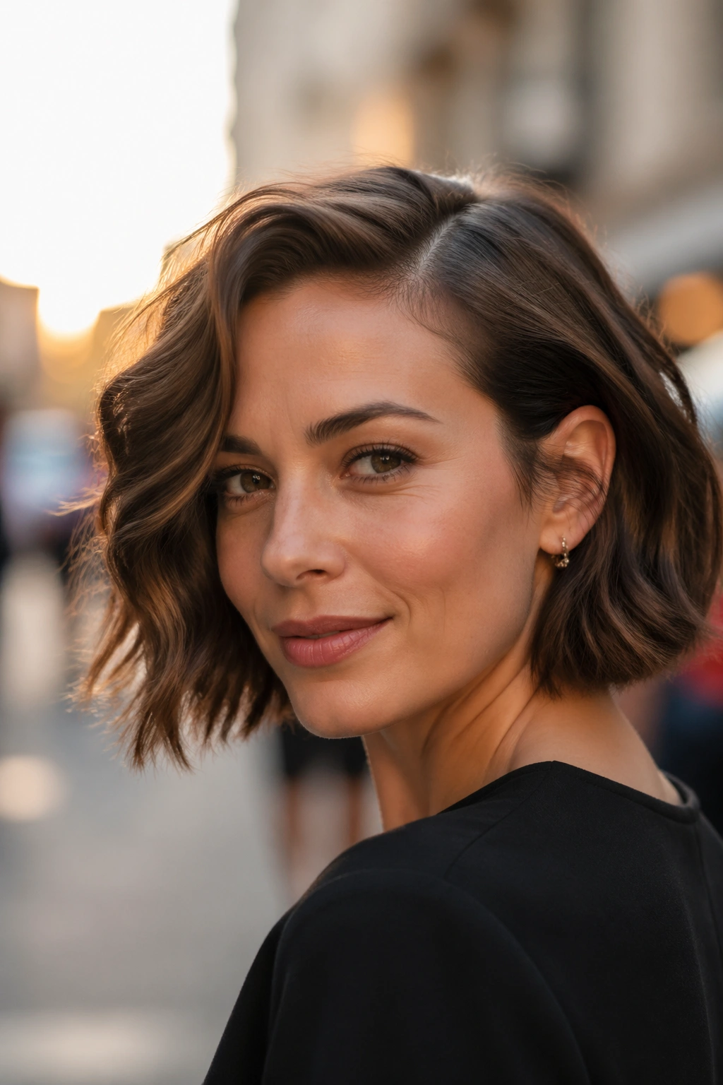 Portrait of woman with deep side part and wavy bob on city street at golden hour