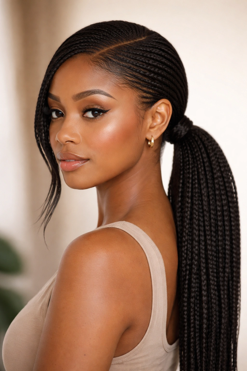 Portrait of a head with side-part and low ponytail with wrapped base