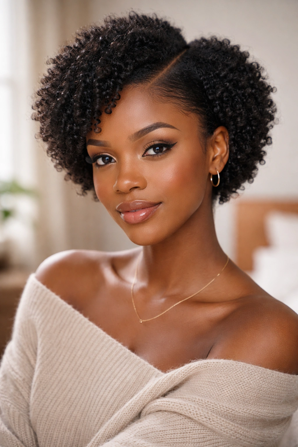 Close-up of a real woman with a side-parted small afro and defined 4C curls.