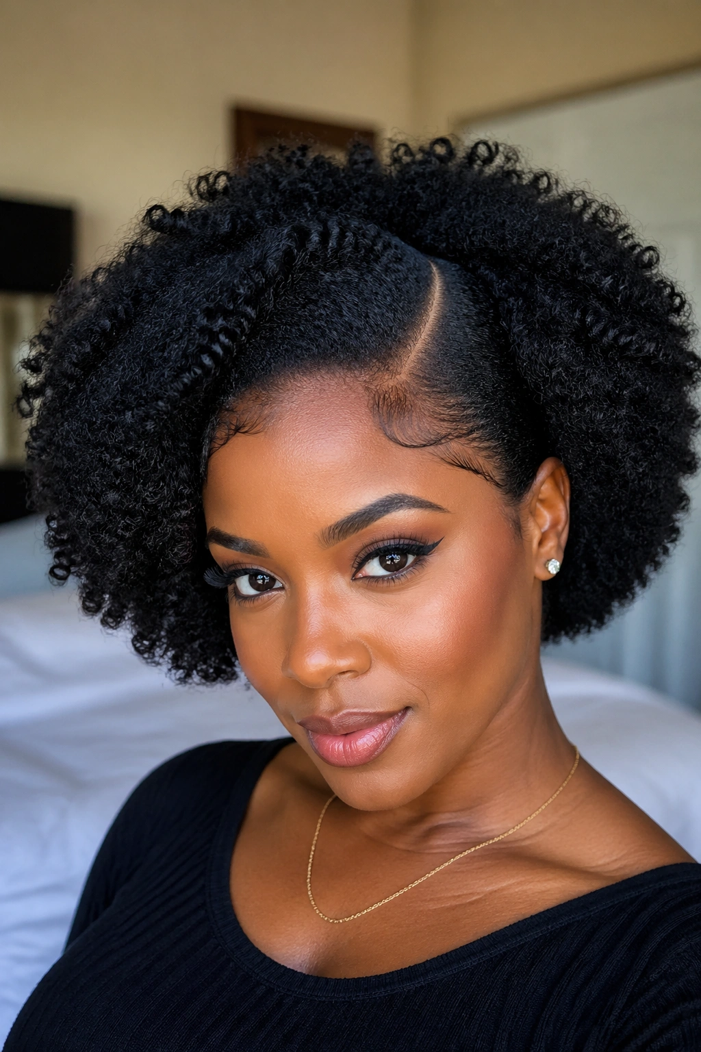 Close-up of a real woman with a side-parted crochet Afro and defined edge along the part