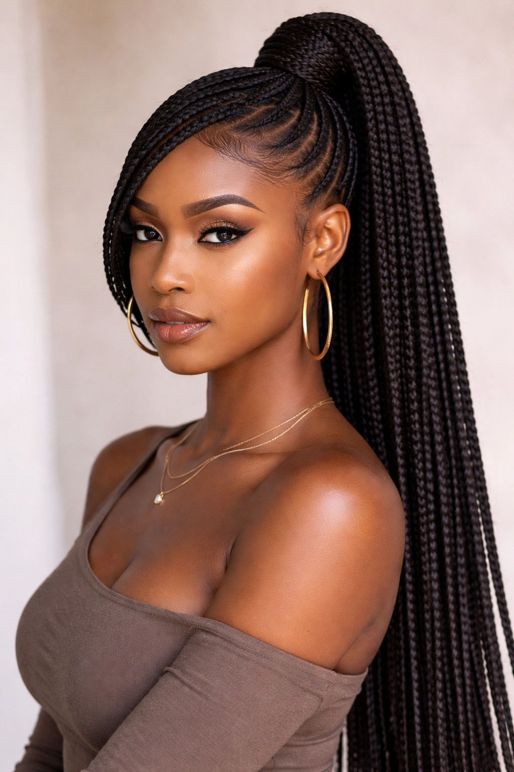 Side-parted high braided pony with architectural curve along the hairline.
