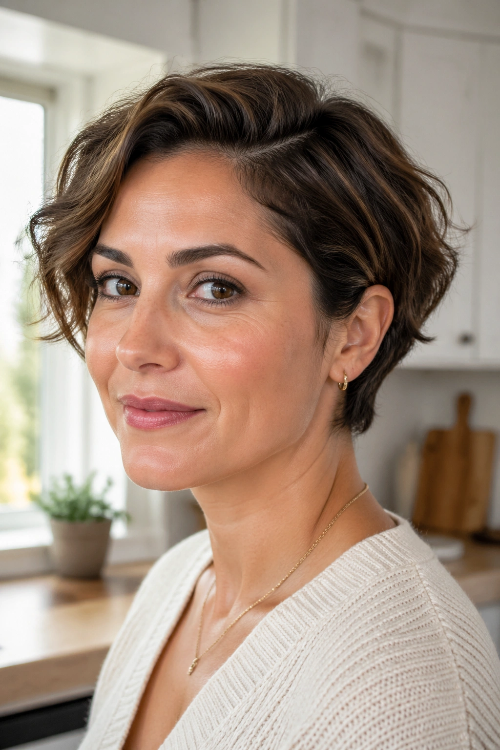 Close-up of a real woman's side-parted classic crop showing front tucked behind ear