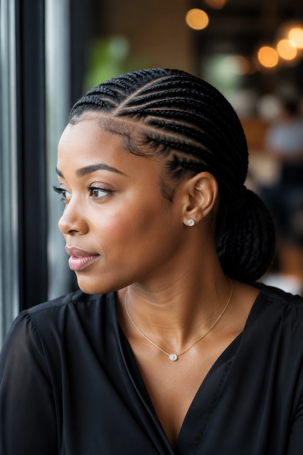 Portrait of a woman with side-parted cornrows flowing into a low ponytail