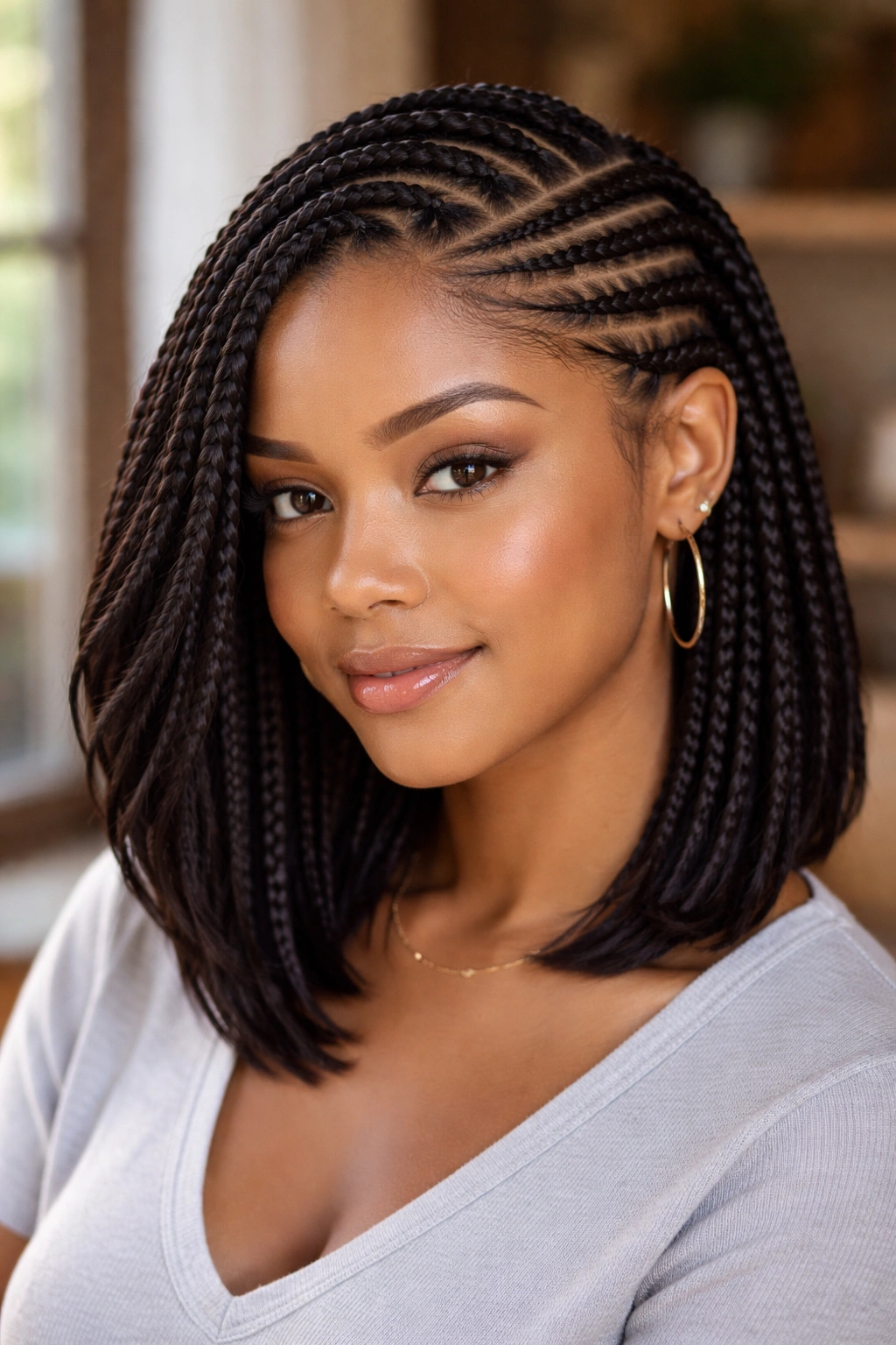 Close-up portrait of a real woman with side-parted cornrows sweeping diagonally across the crown