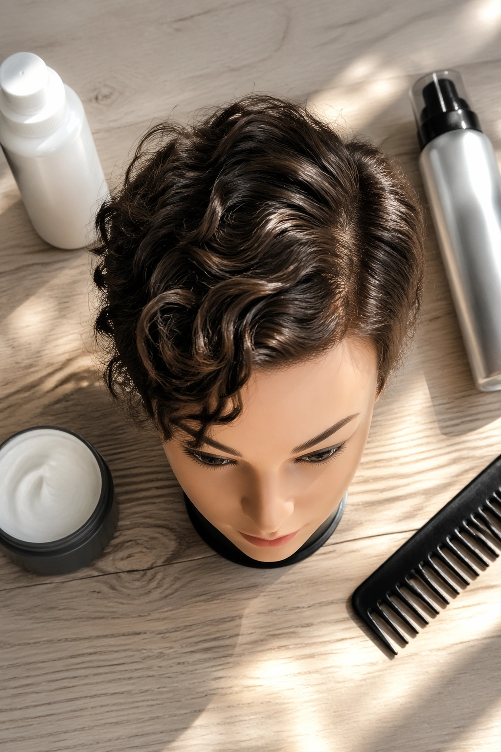 Overhead flat-lay of side-parted wavy crop with styling products.