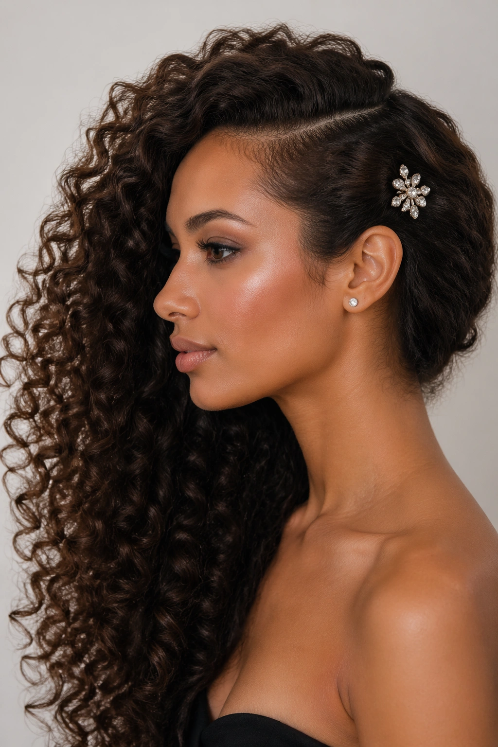 Close-up side-profile of voluminous curls with a crystal pin at the temple.