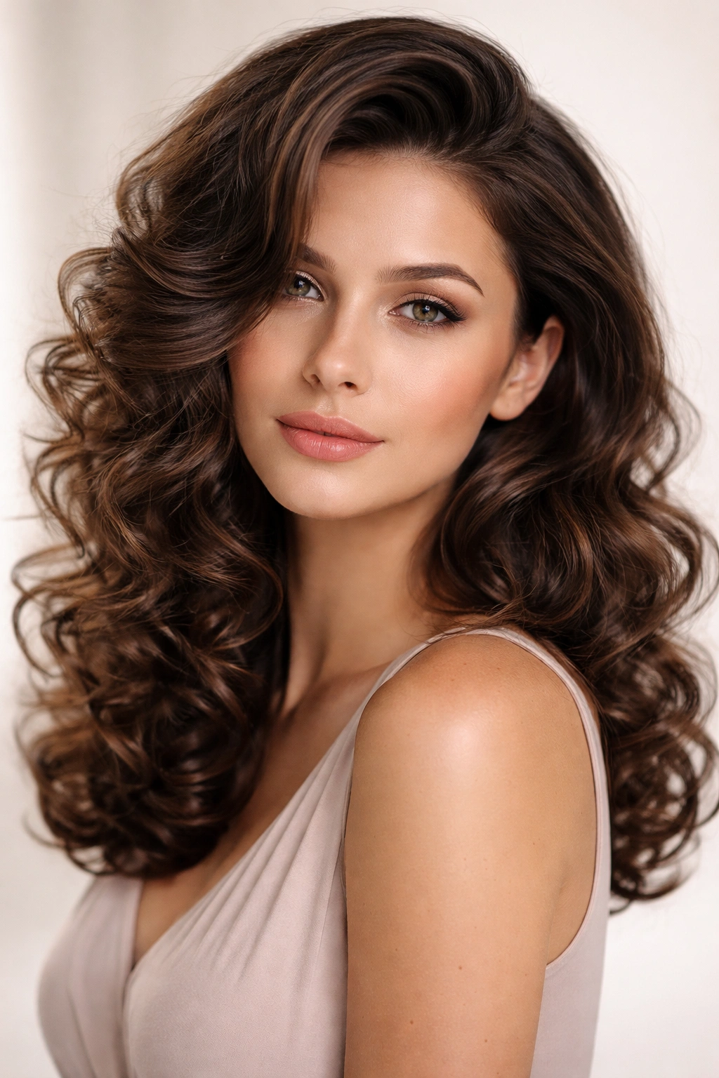 Deep side-parted curls with lifted crown and balanced volume