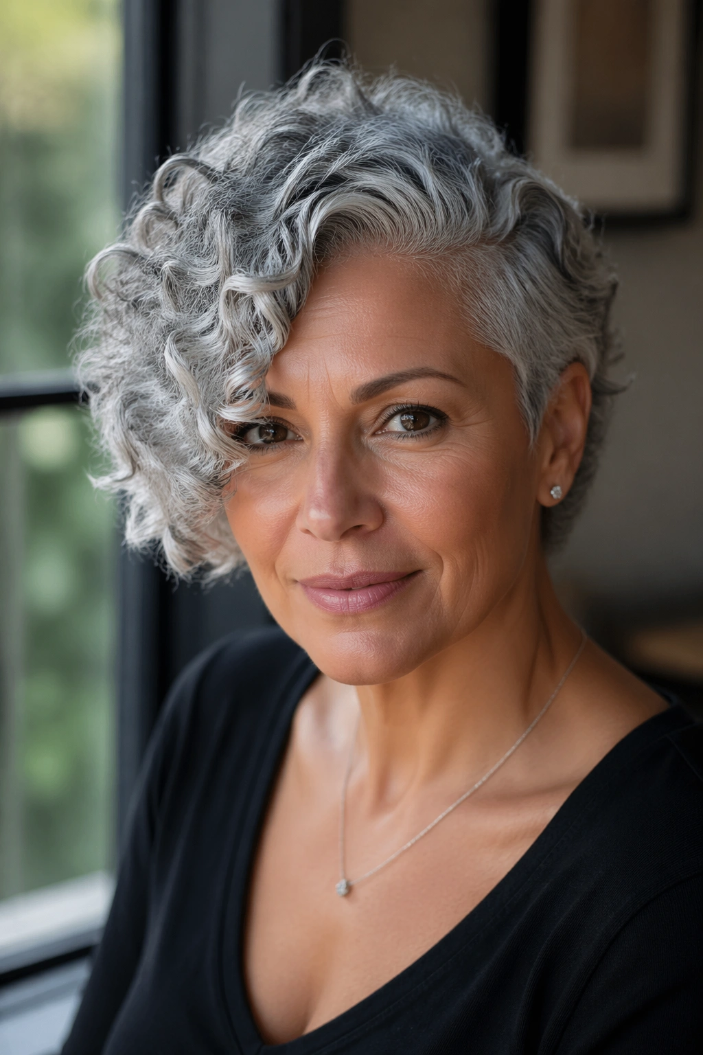 Close-up of a real woman with deep side-parted grey curls