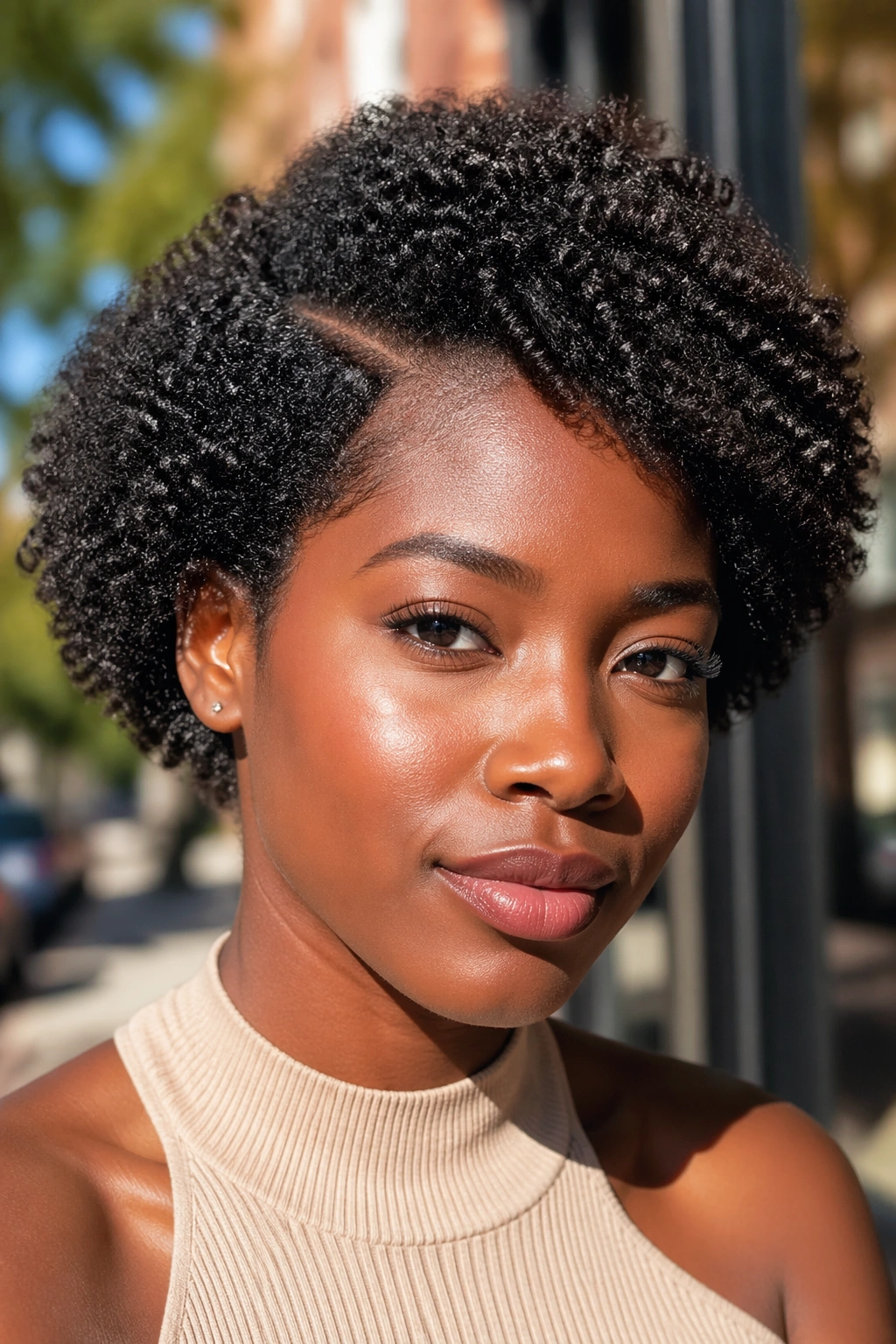 Close-up of a person with a side-parted short Afro showing movement and texture.