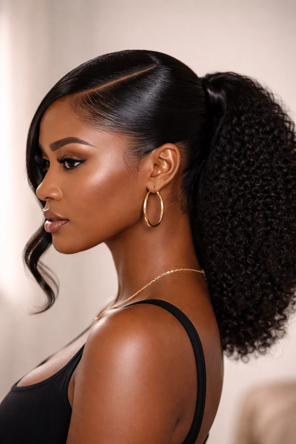 Deep side part with sleek pony and sharp part line on 4C hair