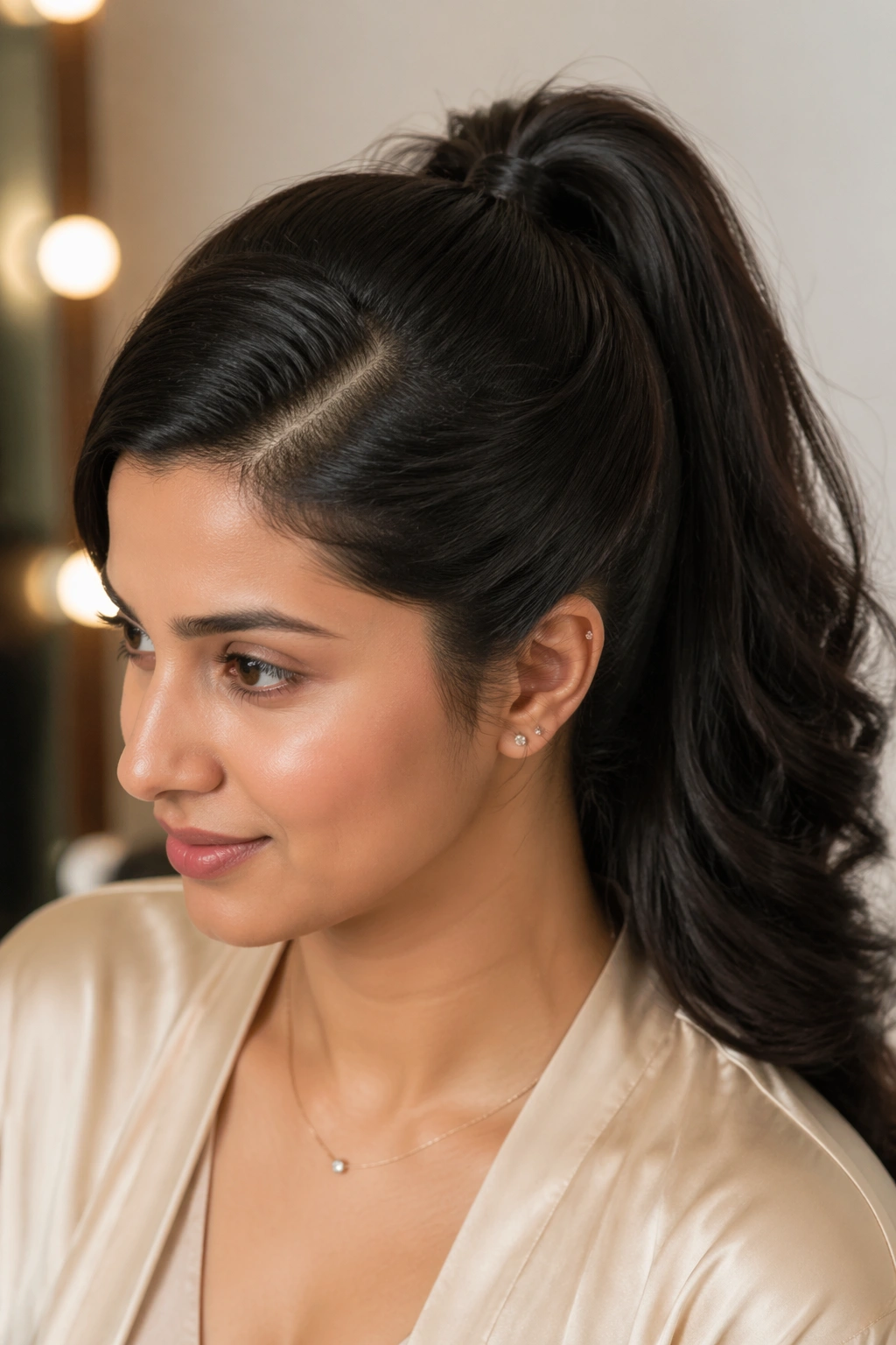 Close-up of a real woman with Side-Parted High Ponytail for Thick Hair showing a deep side part