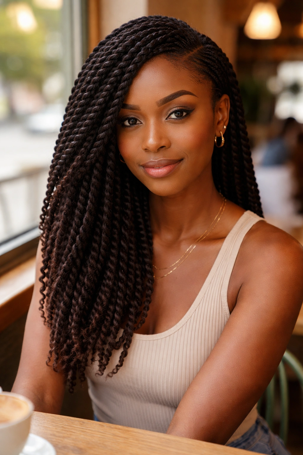 Close-up of a woman with a deep side-part and twists over one shoulder