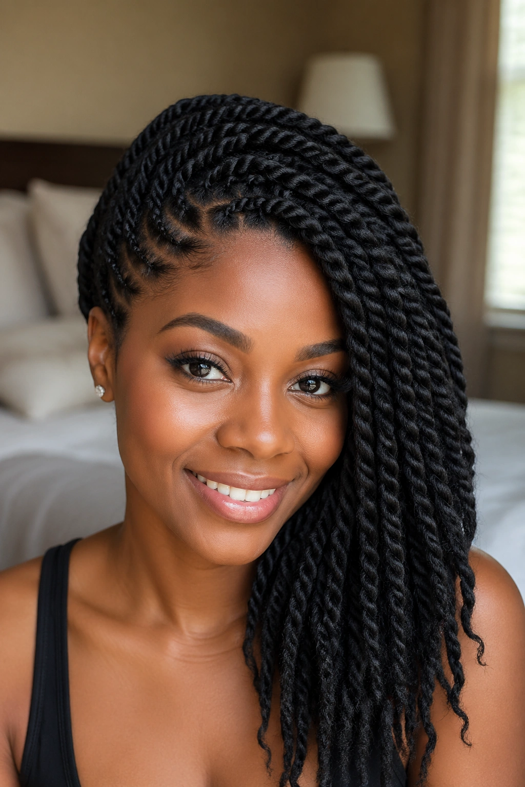 Close-up portrait of a real woman with a deep side-parted twists sweeping to one side