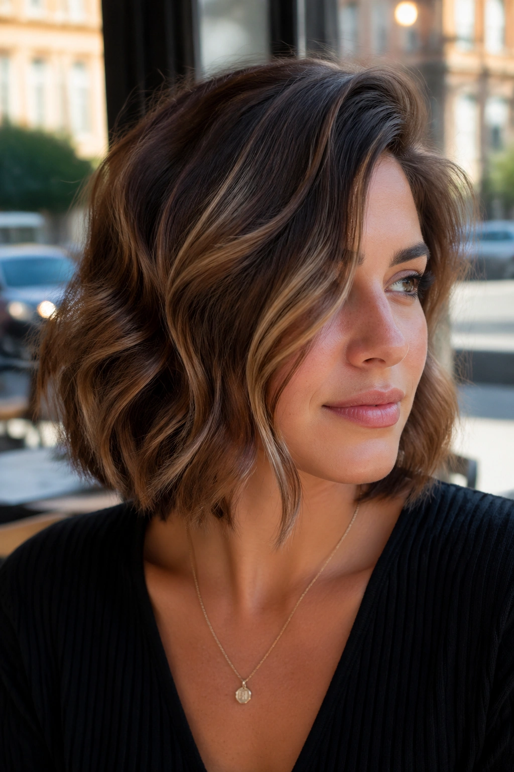 Portrait of a woman with a side-parted wavy bob and face-framing pieces