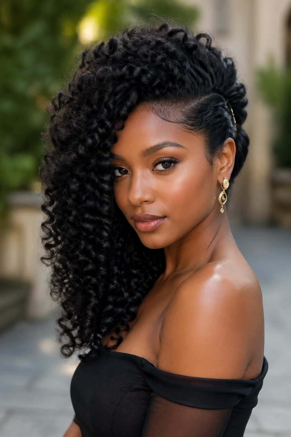 Portrait of a woman with curls cascading to one side, pinned at the temple