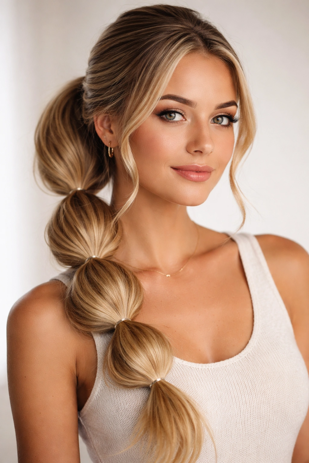 Close-up of side pony with bubble sections formed by elastics along the length