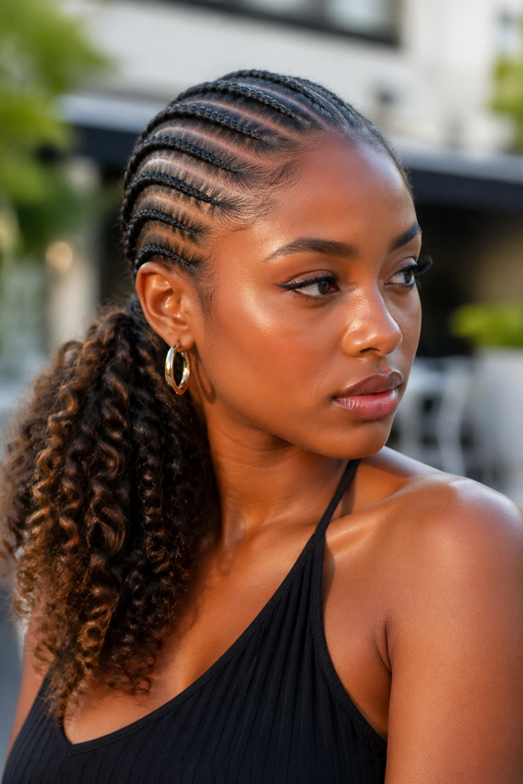Close-up of French cornrows leading to a side pony at the ear on a real person