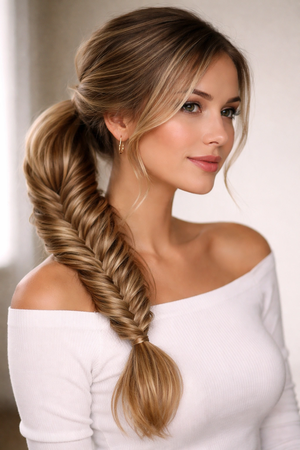 Side ponytail braided into a fishtail braid with pulled-apart sections for fullness