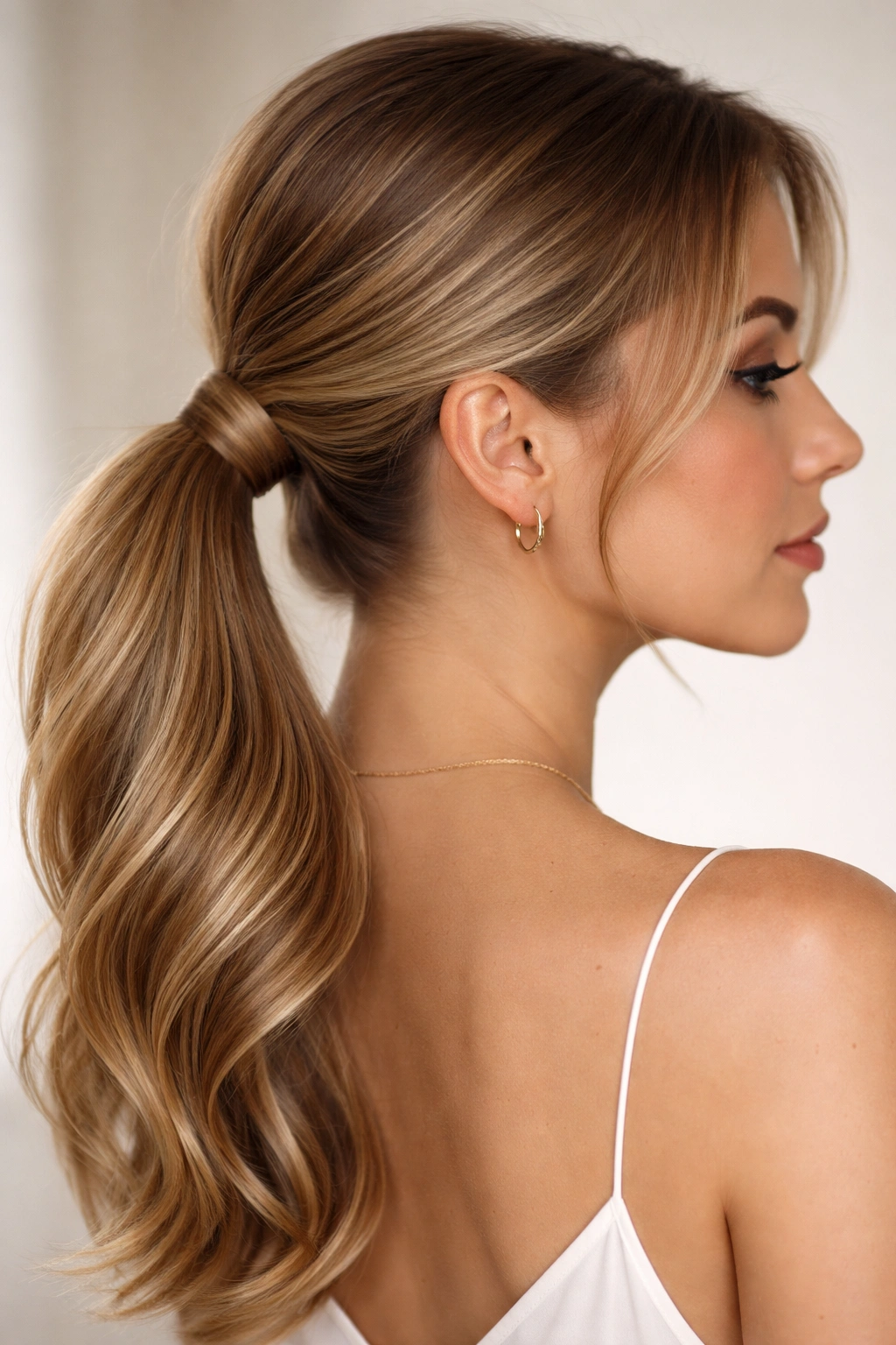 Close-up of side pony with hair wrapped around the elastic