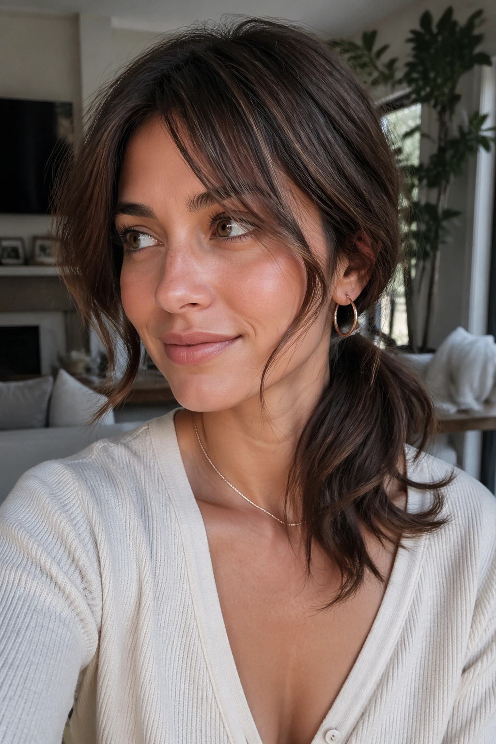 Close-up of side ponytail for short layers on a real woman