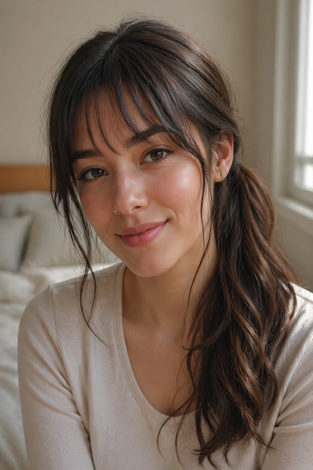 Close-up of a real person with a casual side ponytail, barely-there waves and airy bangs in warm window light