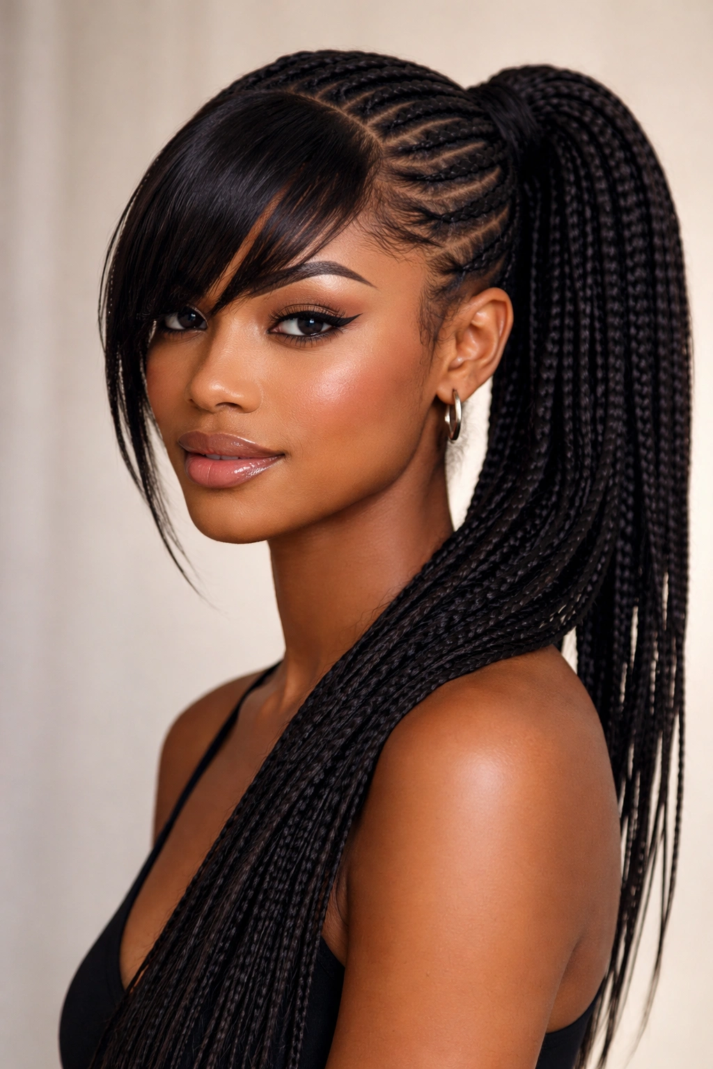 Three-quarter view of side ponytail with asymmetrical bangs
