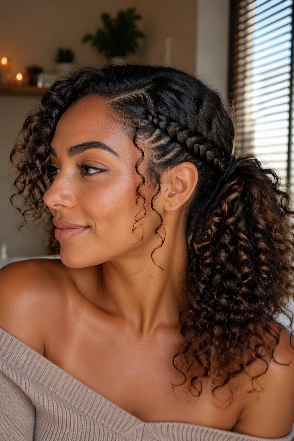 Close-up of a real woman with a side ponytail that includes a small braid accent