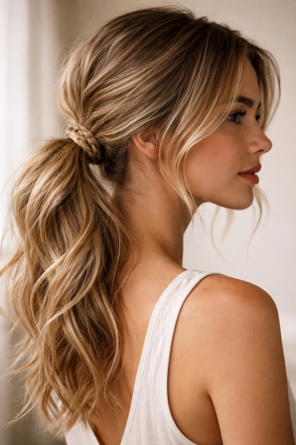 Low side ponytail with slim braided wrap around base