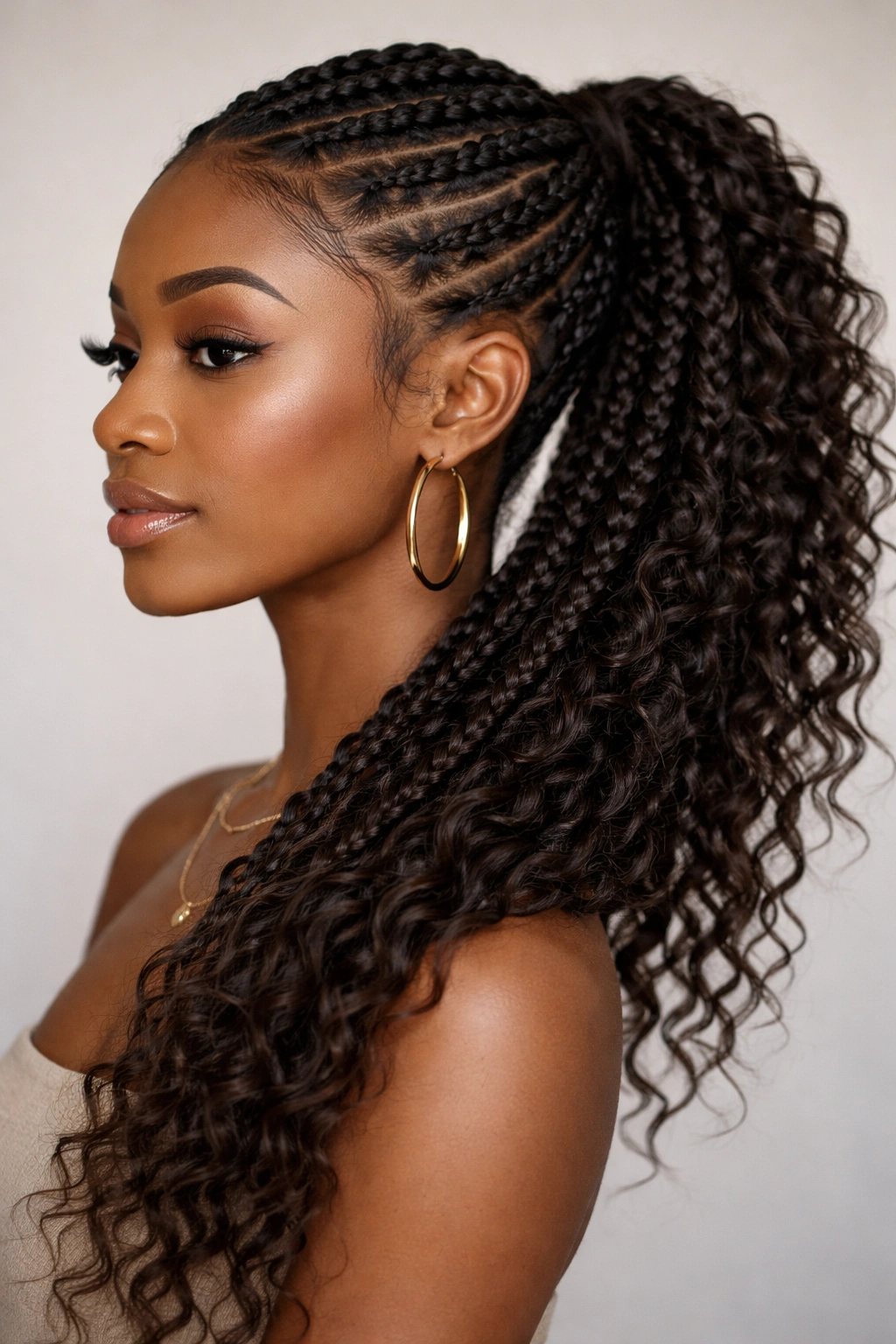 Profile view of side ponytail butterfly braids with diagonal framing