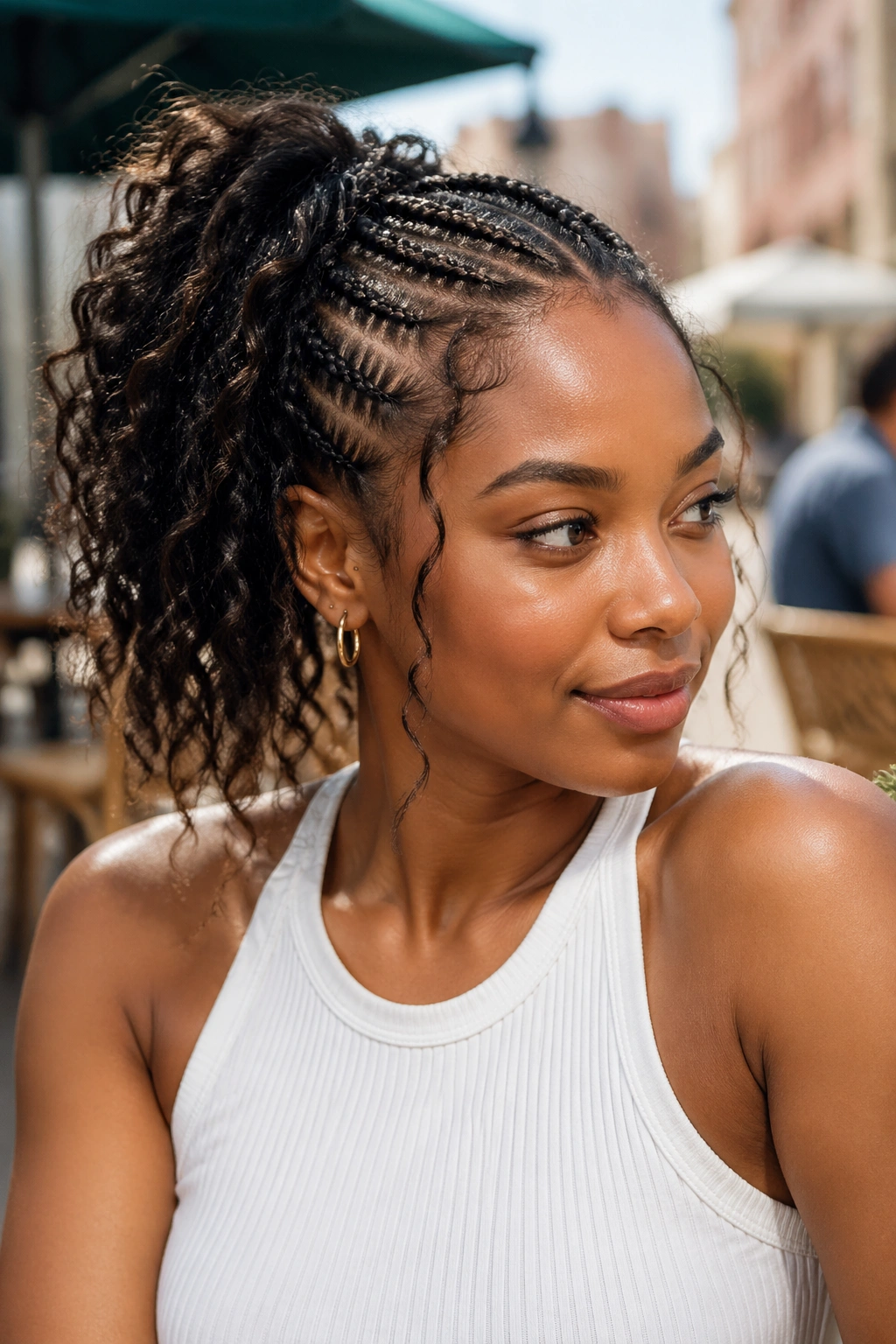 Close-up of a real woman with side ponytail created from loose section