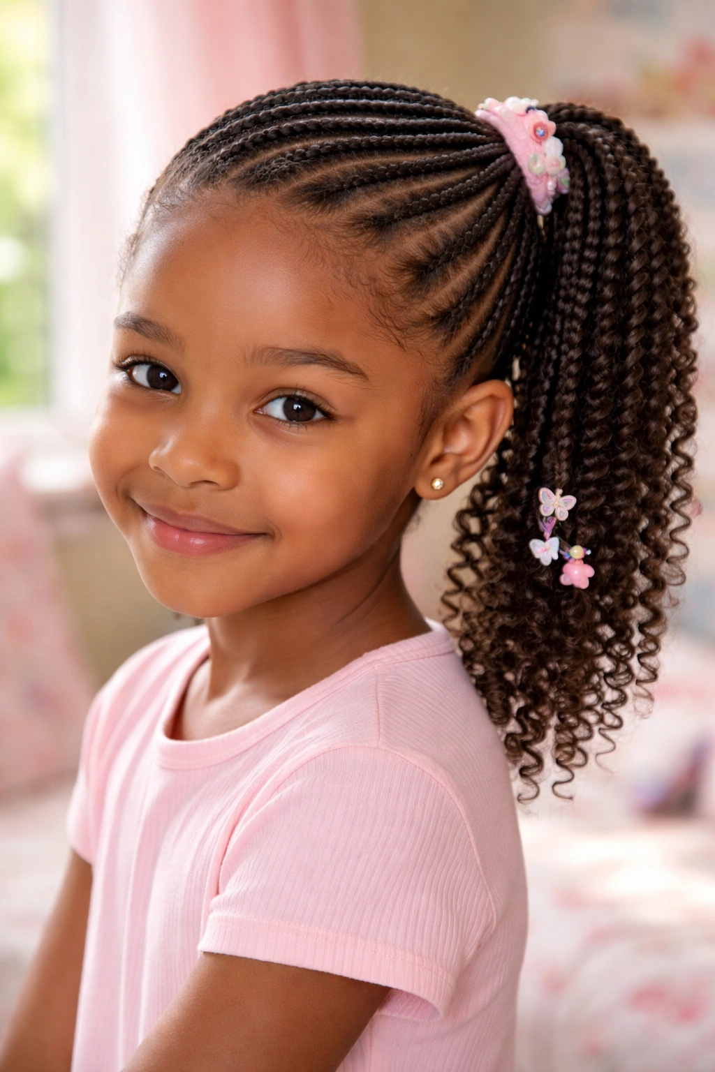 Close-up of diagonal side-swept cornrows forming a side ponytail on a young girl in a sunlit bedroom