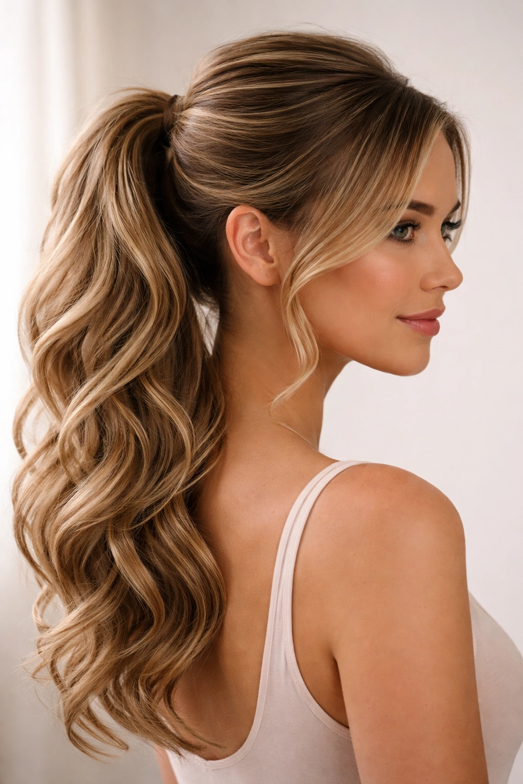 Side ponytail with crown volume on wavy hair swept to the side