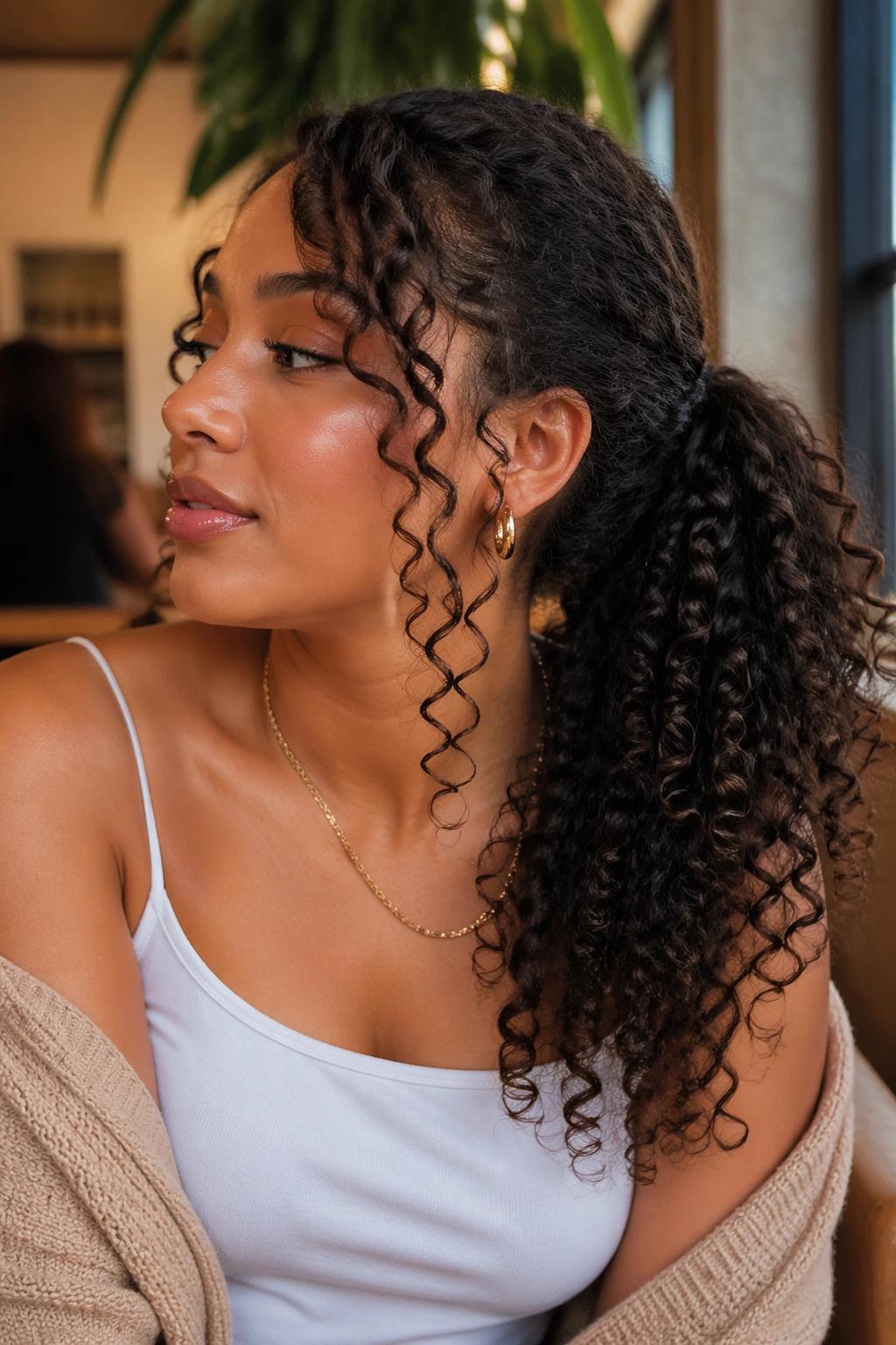 Portrait of a real person with a side ponytail and curl curtain framing the face