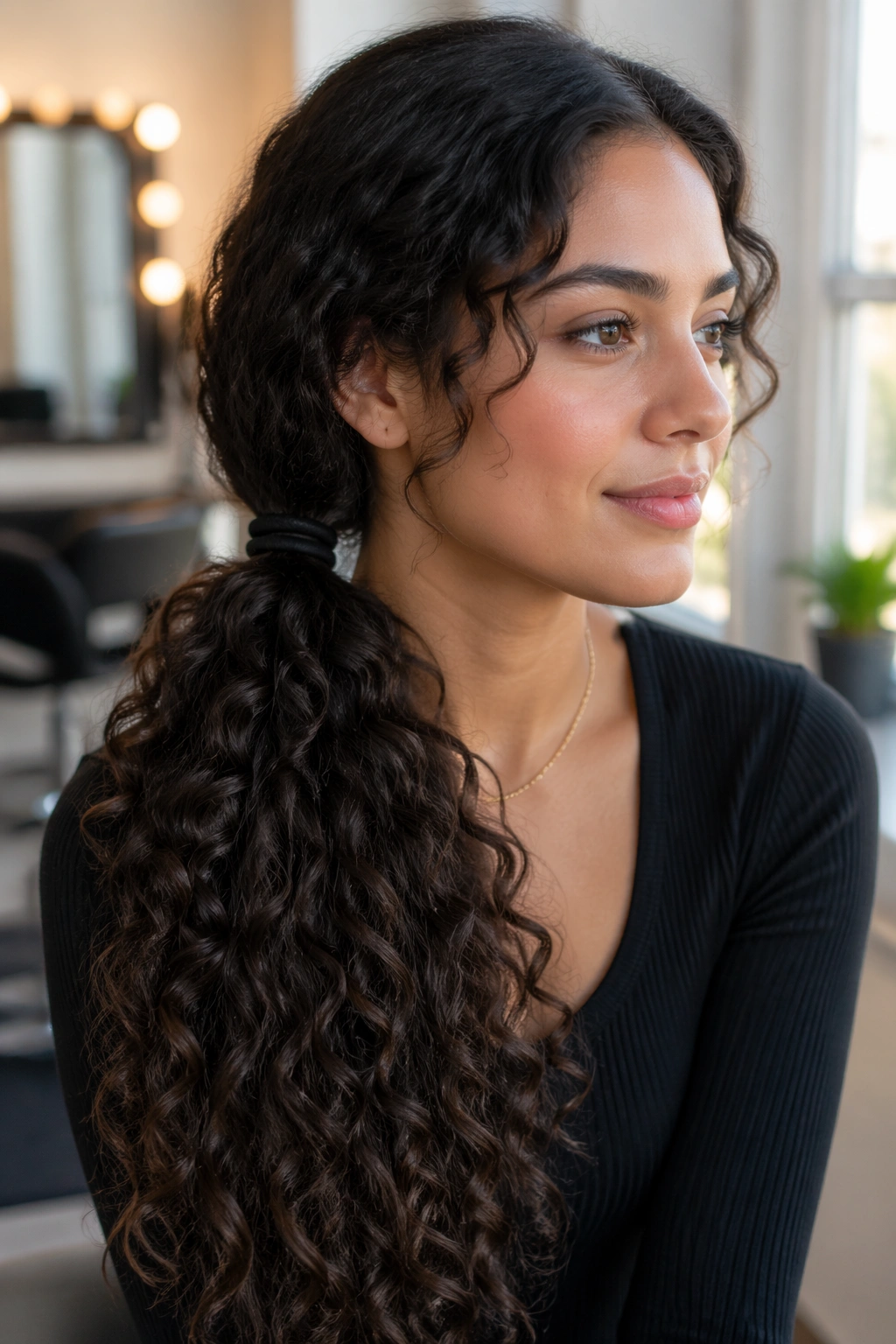 Close-up of a real woman with a side ponytail for long thick curls with two elastics at the base