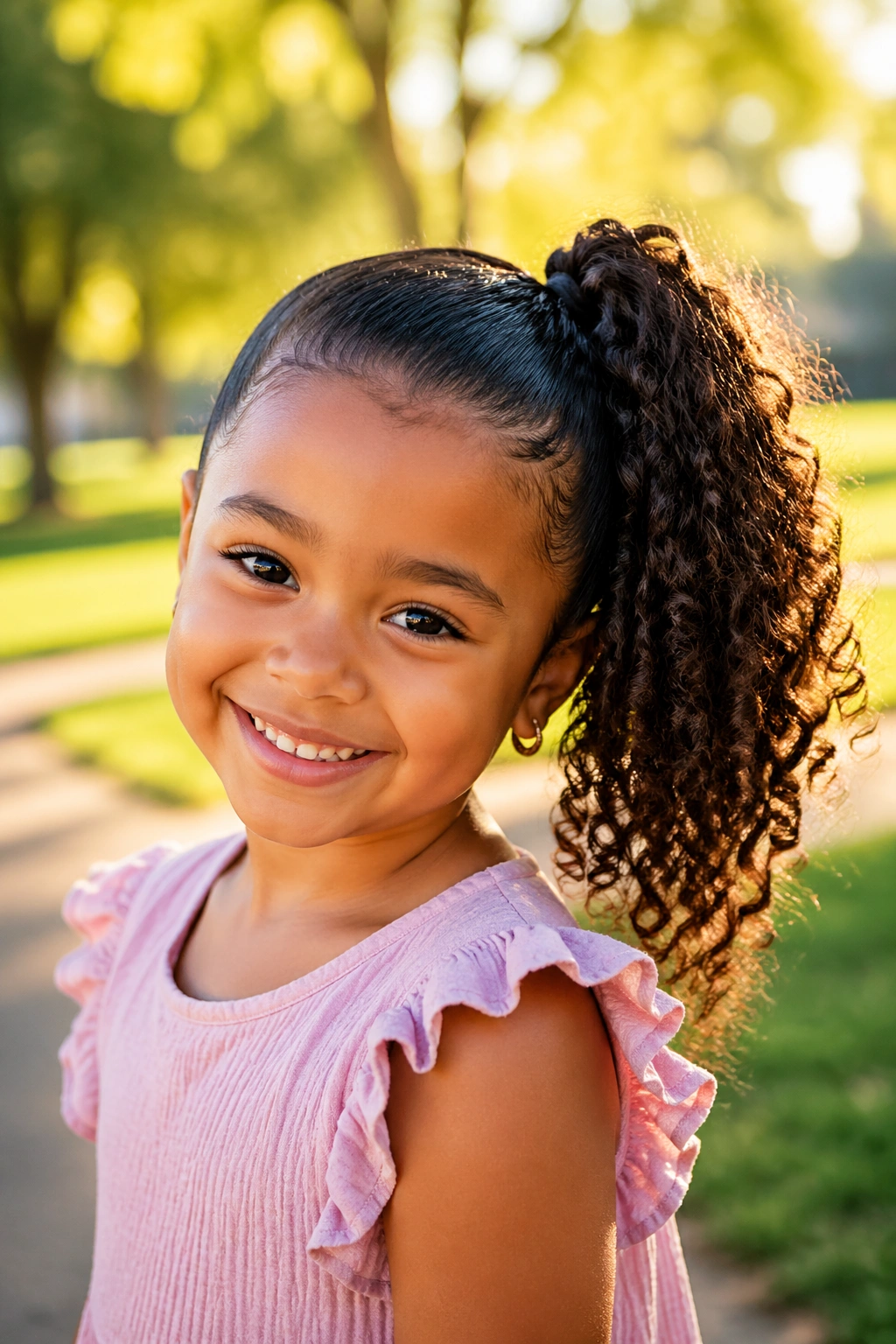Portrait of a child with a side ponytail outdoors