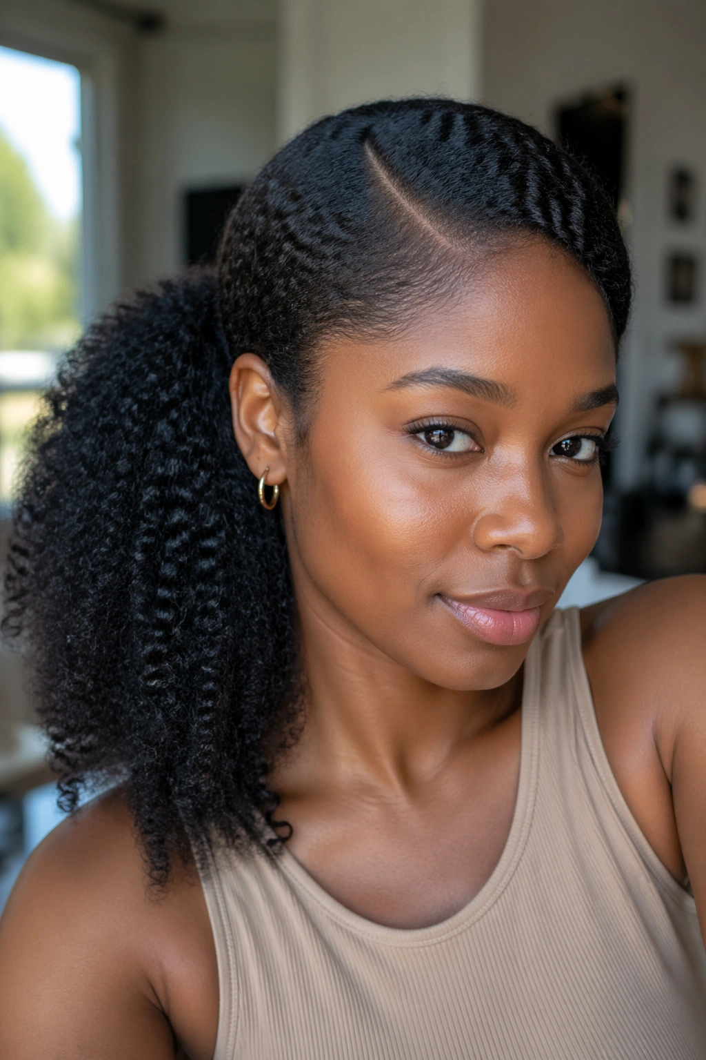 Portrait of a person with a side ponytail and deep part