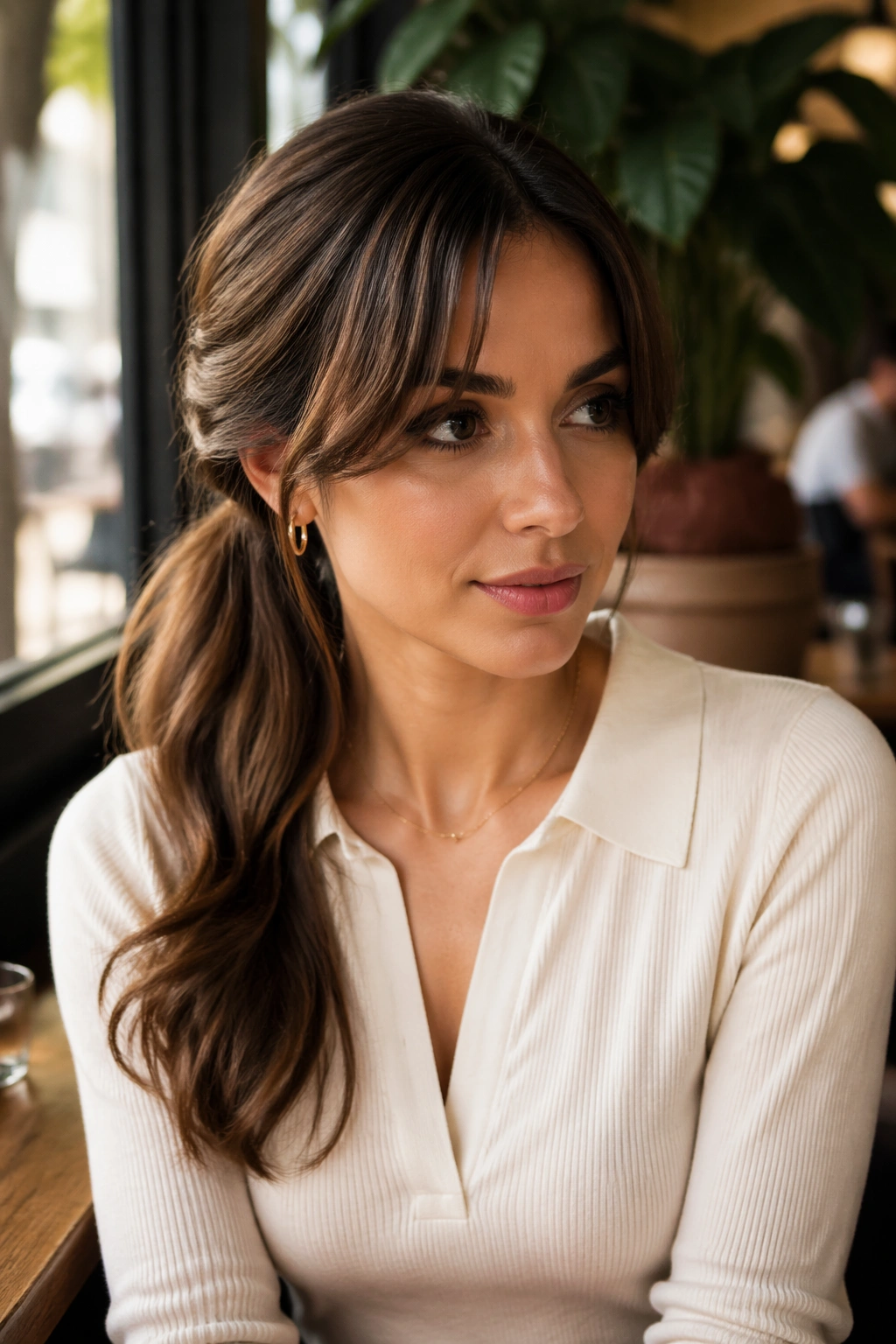 Close-up of a real woman with a deep-part side ponytail draped over one shoulder and curtain bangs.