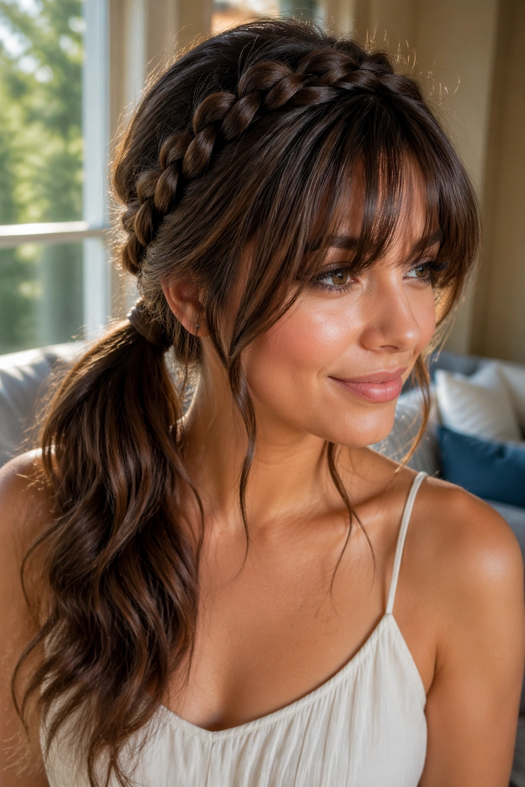 Close-up of a real woman with a side ponytail and Dutch braid crown, bangs softly framing the face