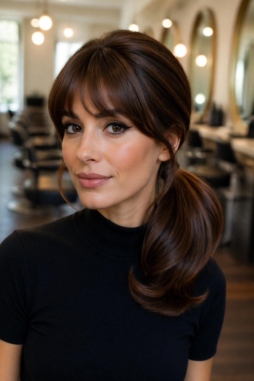Close-up of a real woman with a side ponytail featuring flipped ends and 1960s-inspired bangs