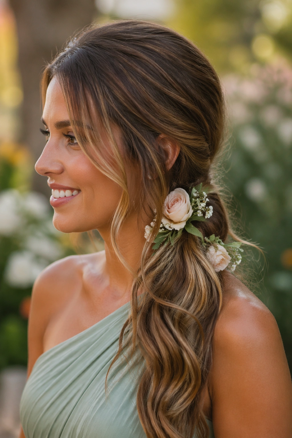 Close-up of a real bridesmaid with a side ponytail adorned with small floral sprigs in garden wedding light.