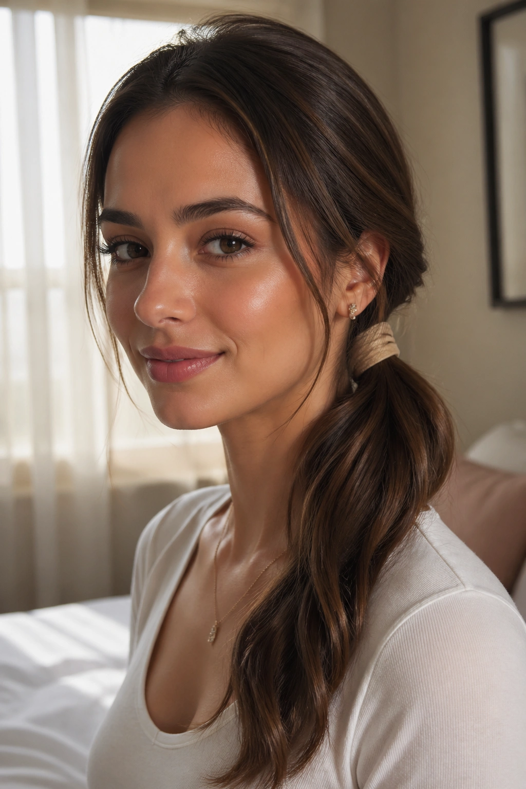Close-up of a real woman with a casual polished side ponytail tucked behind one ear