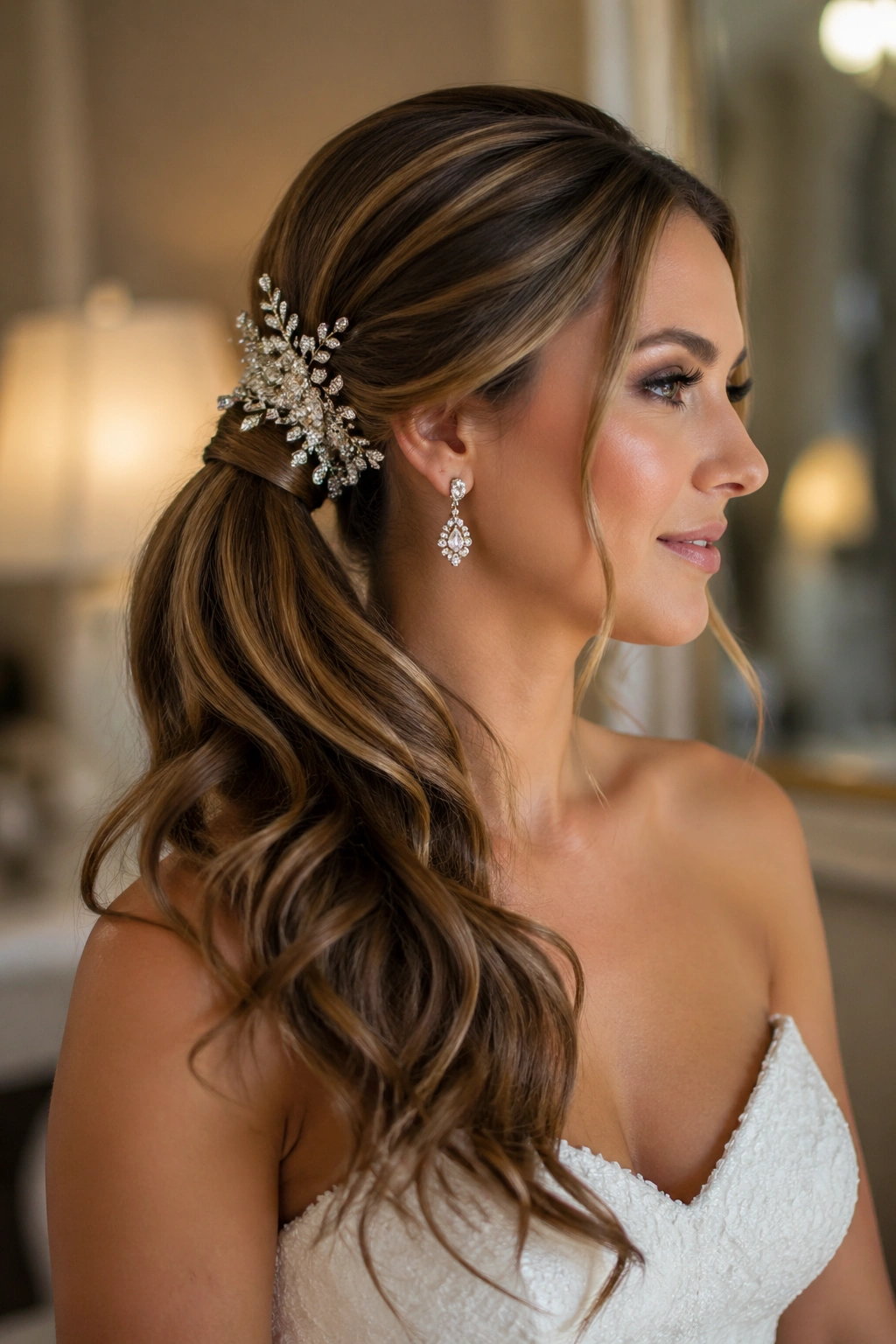 Profile view of bride with side ponytail and jeweled comb at crown