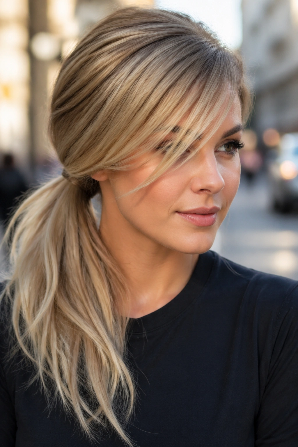 Close-up of a real woman with side blonde ponytail and long side bangs on a city street